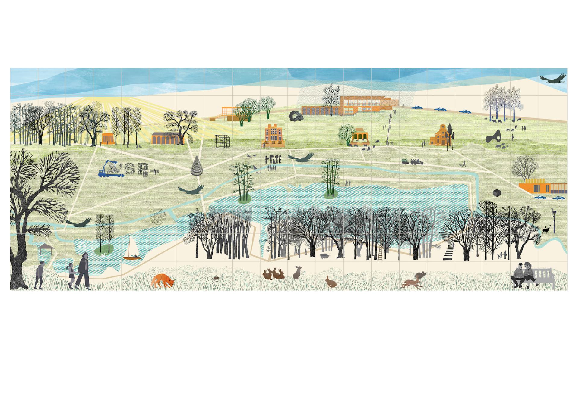 Vibrant illustration depicting a minimalist park landscape, highlighting outdoor spaces, art, and community at YSP.