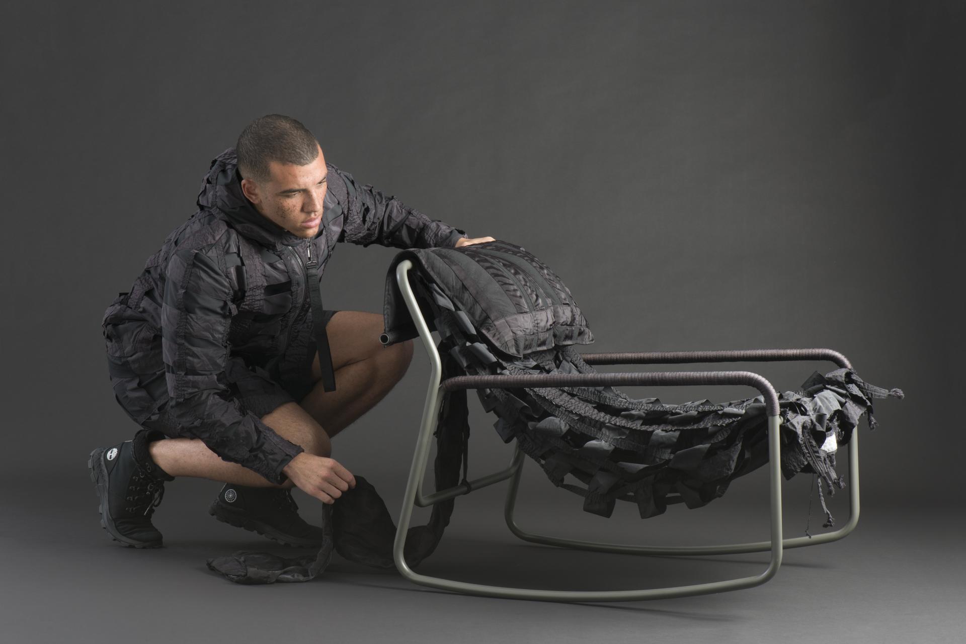 Innovative chair made from recycled parachute material and steel frame, designed by Benjamin Hubert of LAYER.