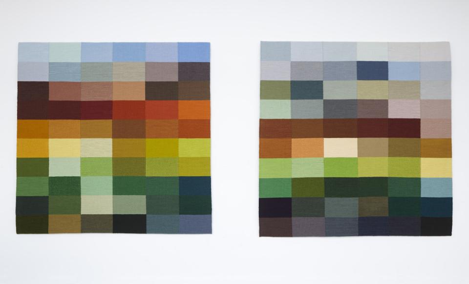 Two vibrant landscape tapestries by Justine Randall showcasing a palette inspired by the Wiltshire countryside.