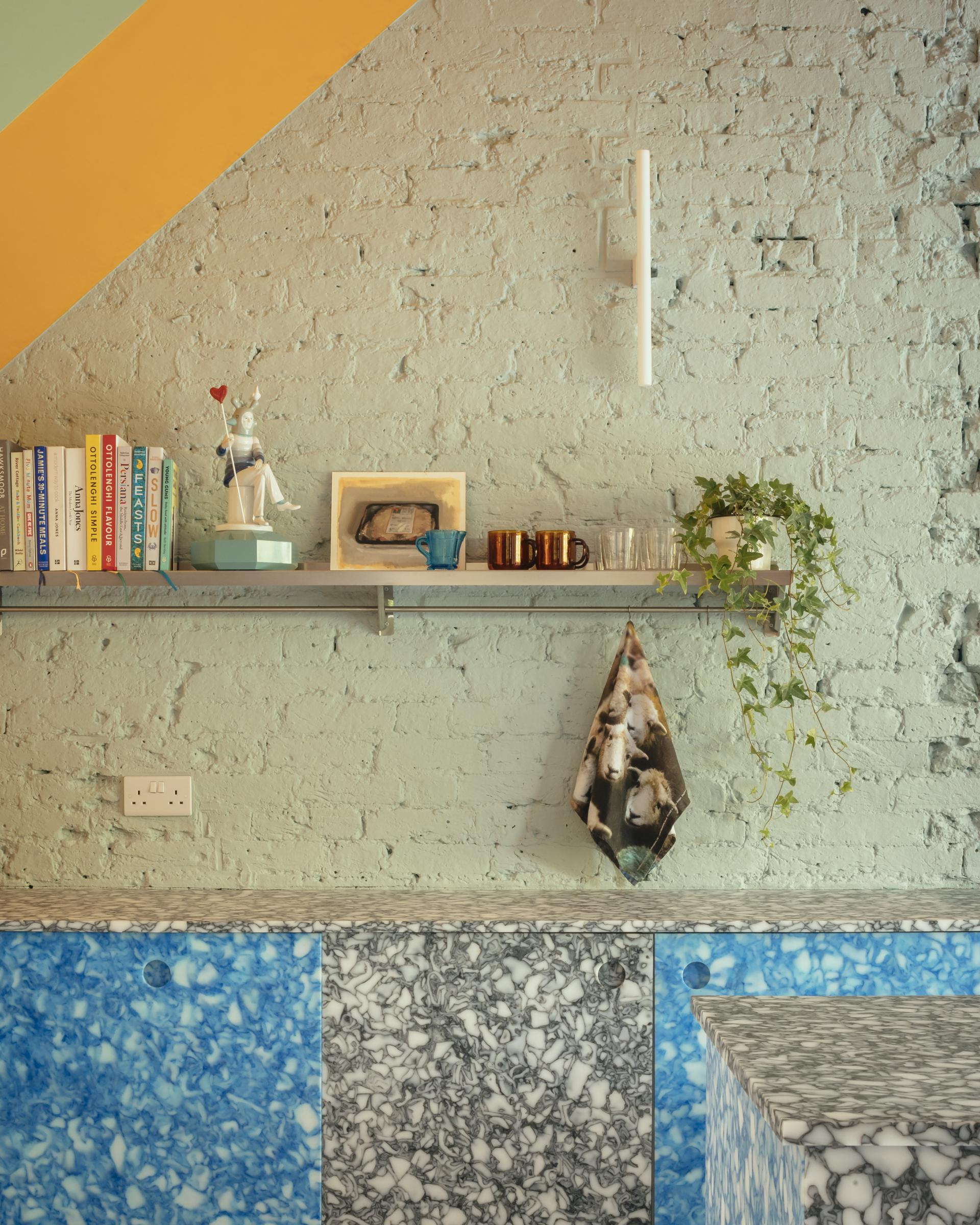 Colorful kitchen design featuring textured walls, a sleek countertop, decorative items, and a hanging plant in a family home.