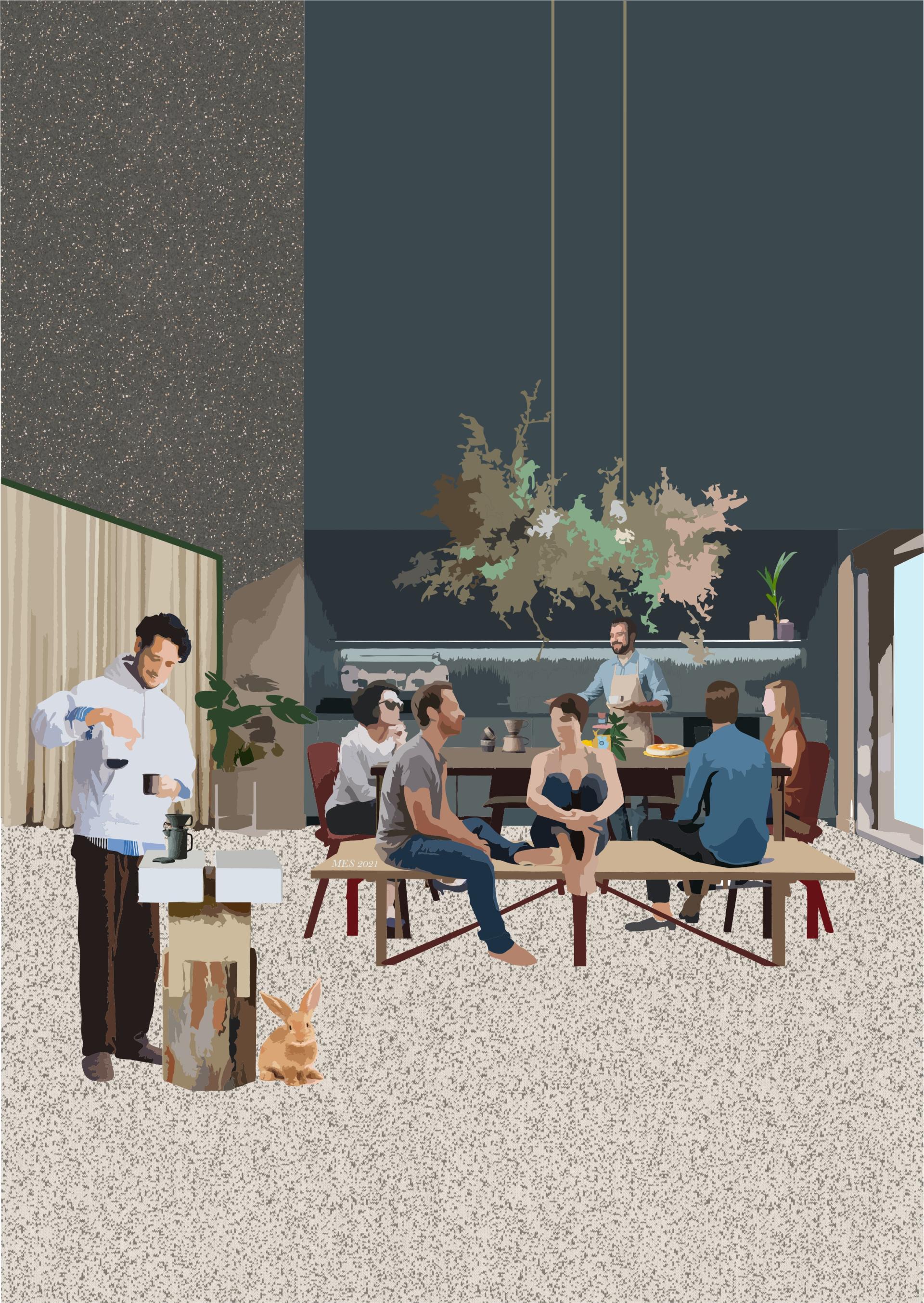 Diverse group of people engaging in conversation around a communal table in a modern co-living space.