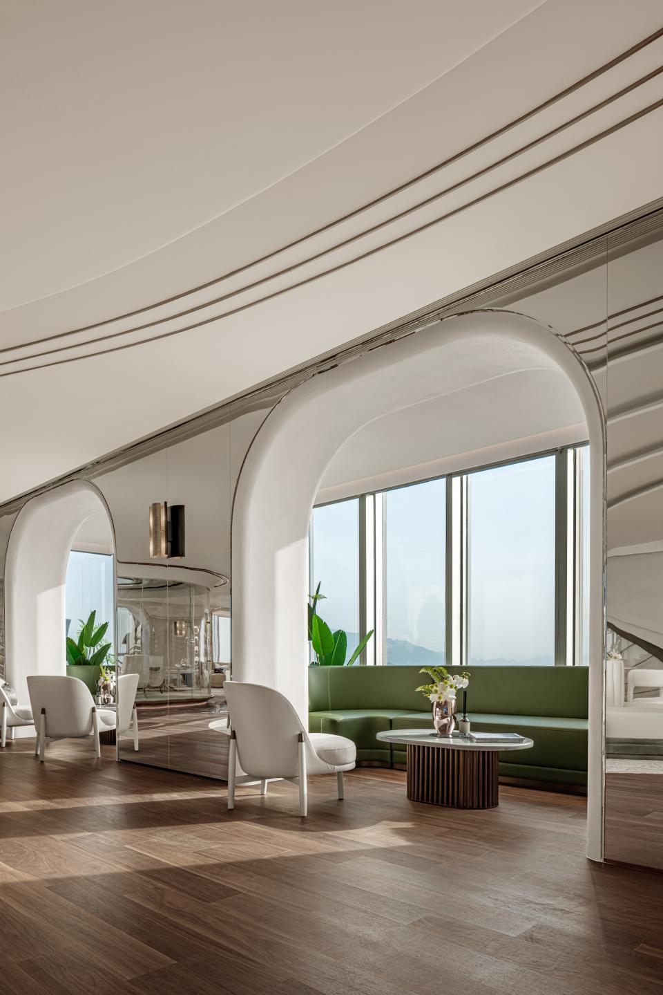 Modern workspace design featuring elegant furniture and panoramic views, located in Wenzhou's tallest tower by Karv One.