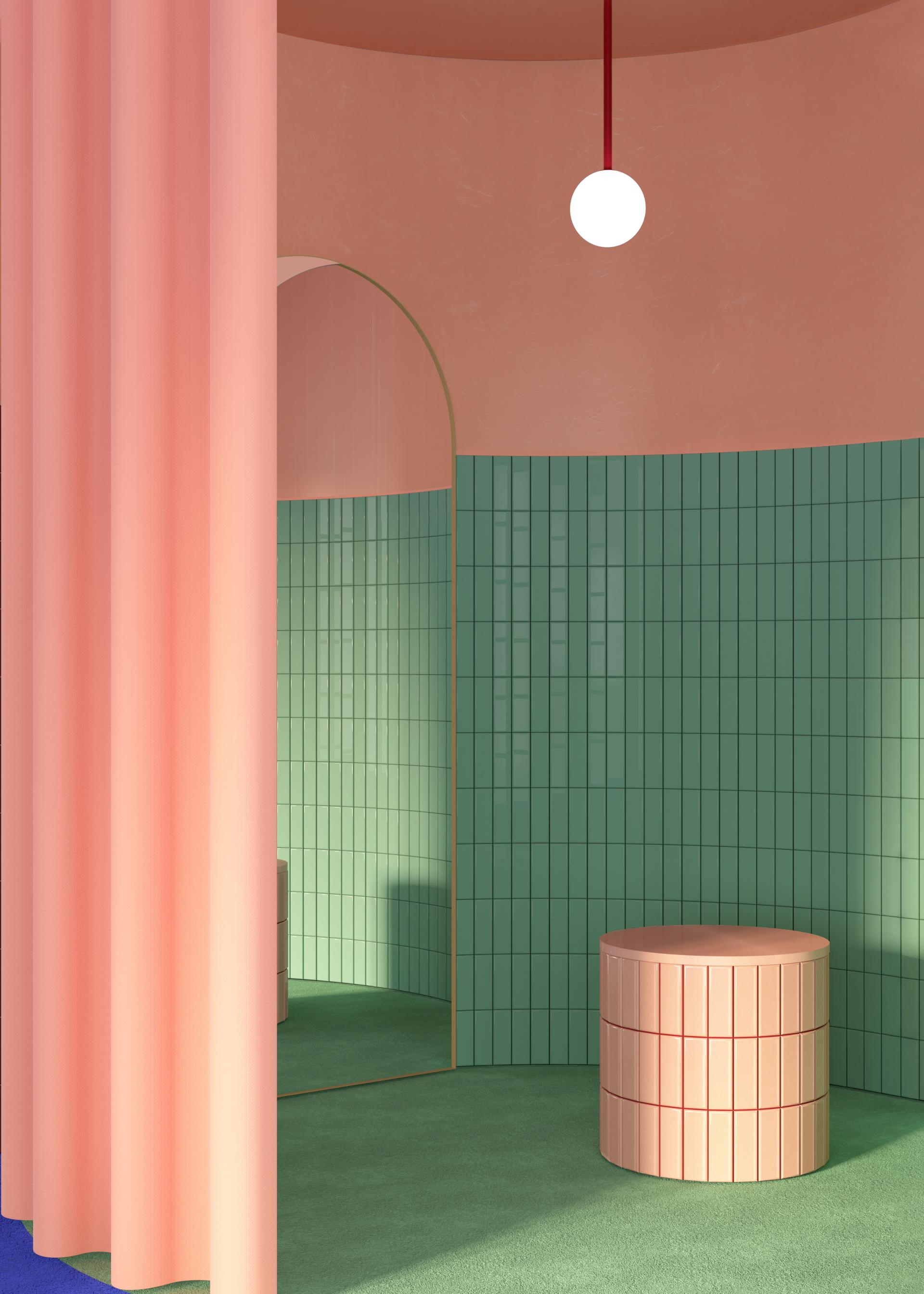 Colorful interior design featuring green tile walls, pink curtains, and a round pink side table in a playful setting.