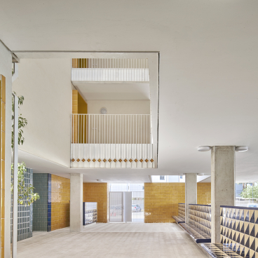Modern architectural interior showcasing creative ceramic tile use in Spanish design, highlighting vibrant colors and innovative structures.