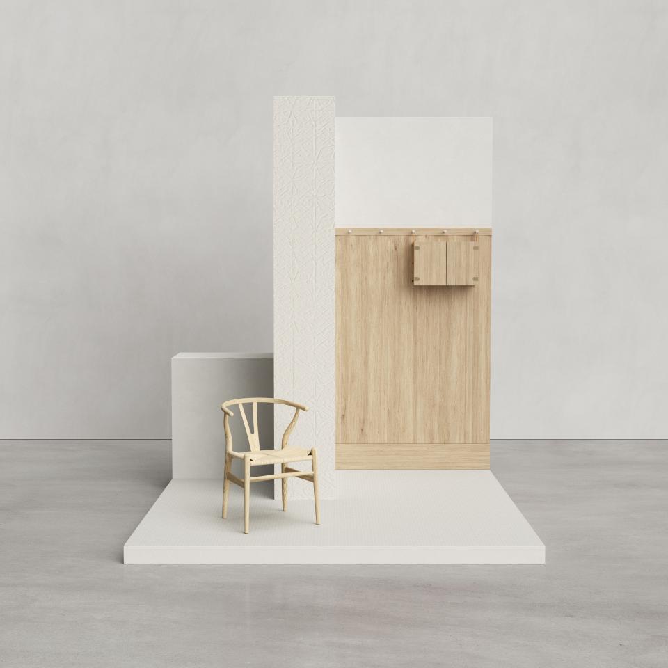 Stylish interior display featuring Mutina tiles with wooden accents and a simple chair, showcasing OEO Studio's design collaboration.