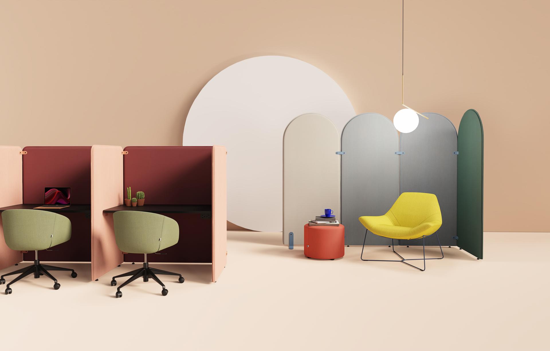 Modular screen system Artus showcased in a contemporary workspace with vibrant seating and colorful partitions.