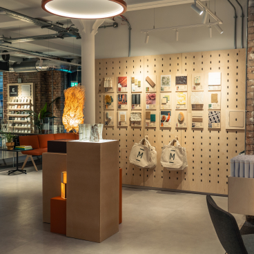 Exhibition space showcasing innovative bio-based materials, visual samples, and unique design elements at Material Source Studios.