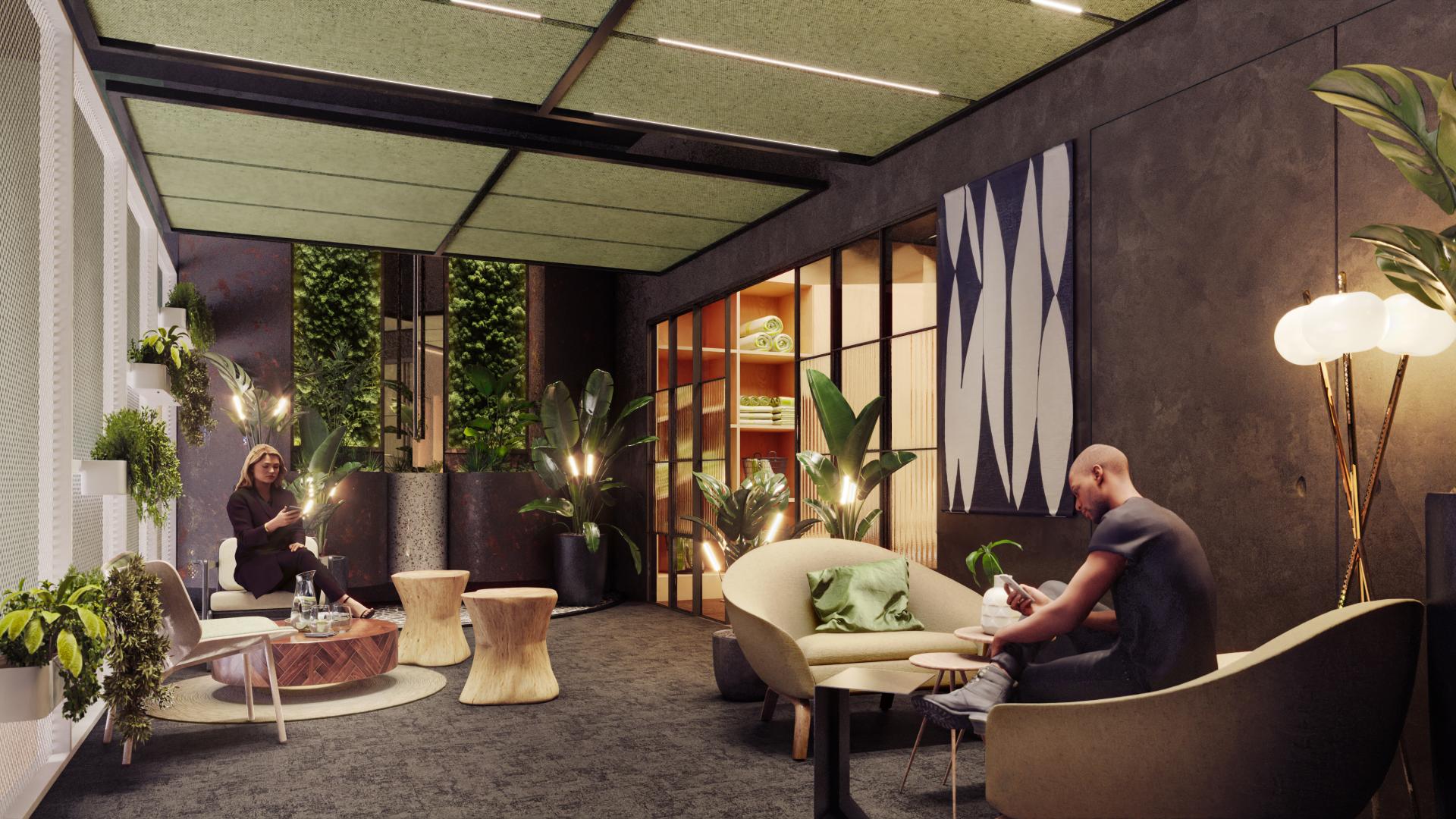 Modern lounge area featuring plants and eco-friendly design, highlighting sustainable architecture in urban living.
