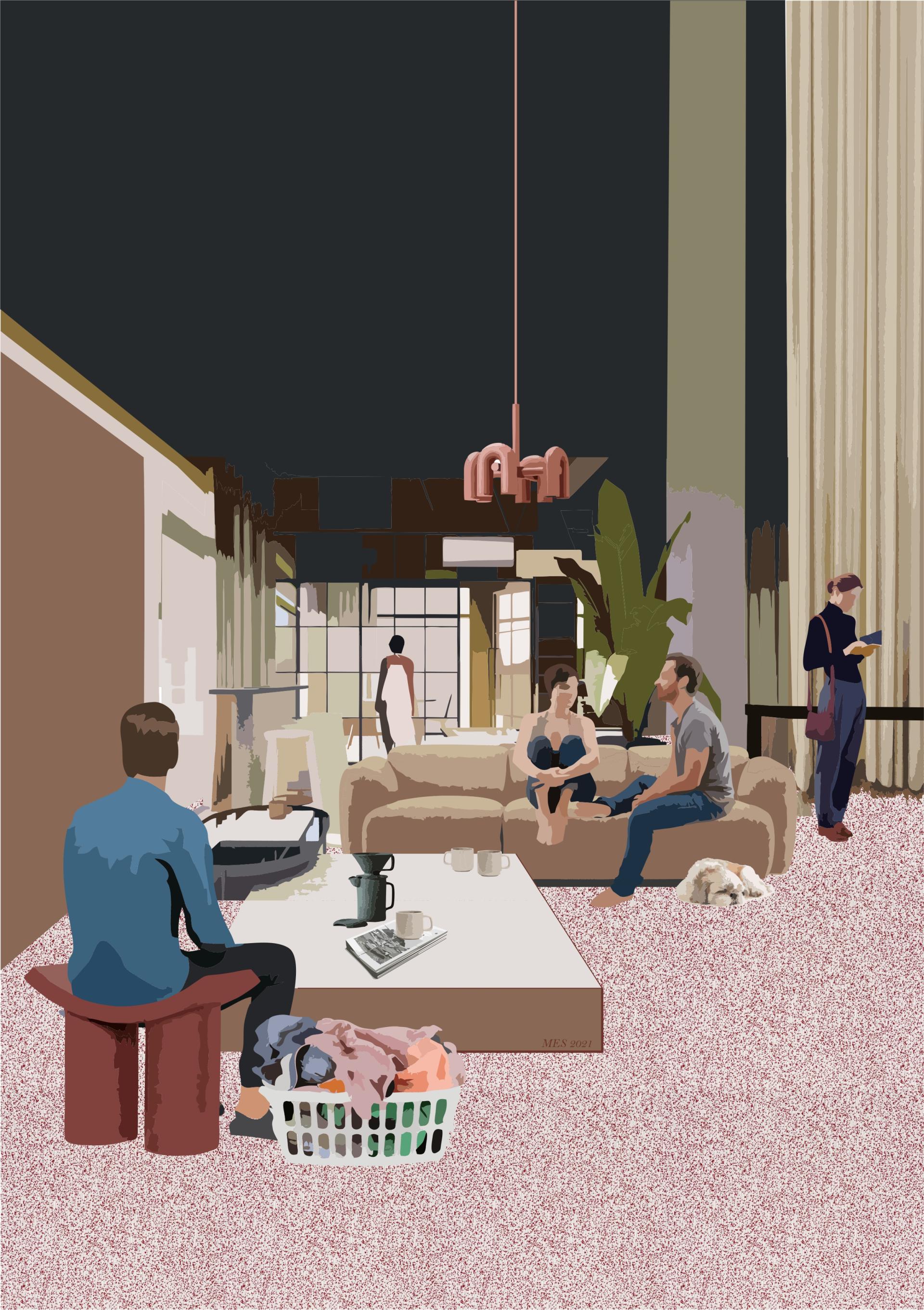 Co-living space featuring diverse interactions among residents, emphasizing community, emotional connections, and shared living experiences.