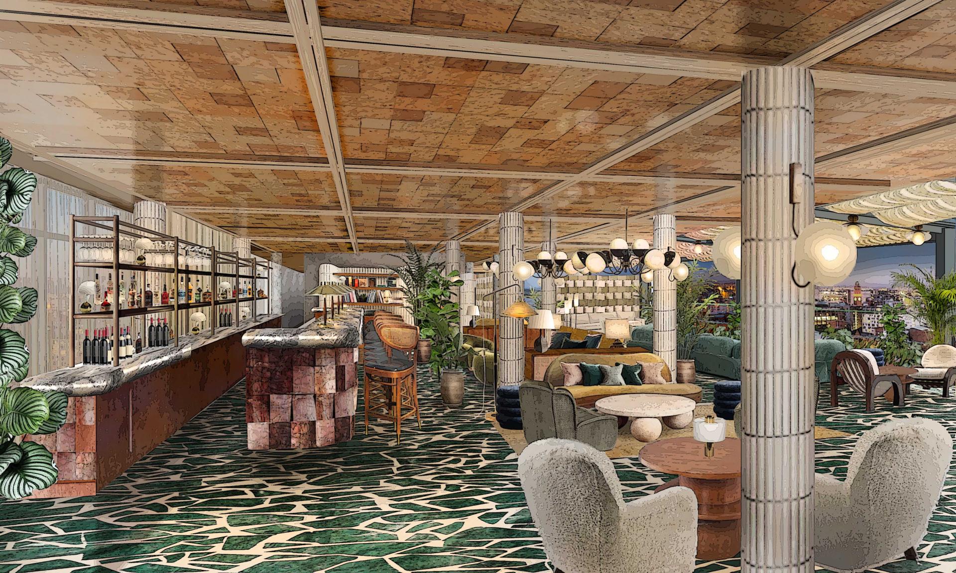 Stylish interior design of Soho House Manchester, featuring a bar, seating areas, and decorative plants, opening spring 2024.