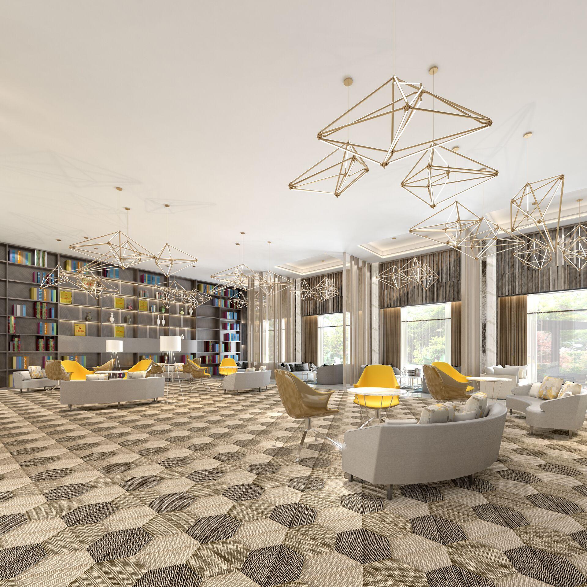 Stylish interior featuring Mac Stopa's geometric flooring design, modern furnishings, and artistic lighting in a bright space.