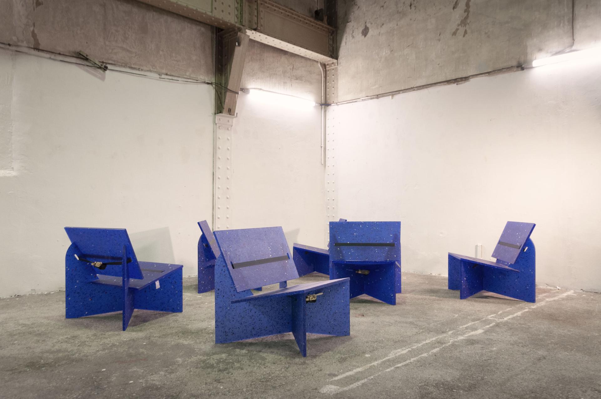 Innovative blue seating installation for Harewood Biennial 2022, highlighting social and environmental art narratives.