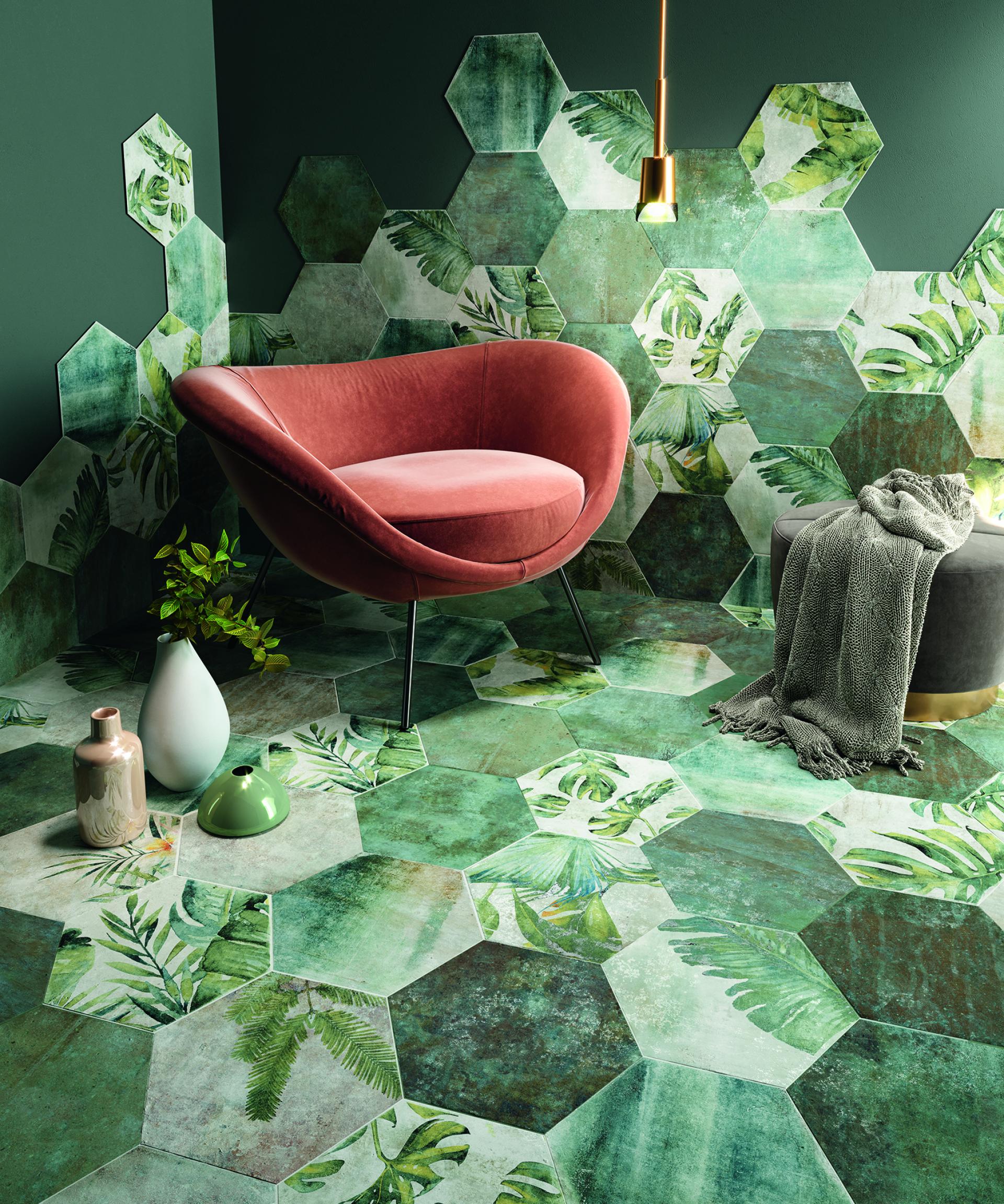 Modern interior featuring hexagonal green tiles with botanical patterns, a stylish chair, and contemporary decor elements.