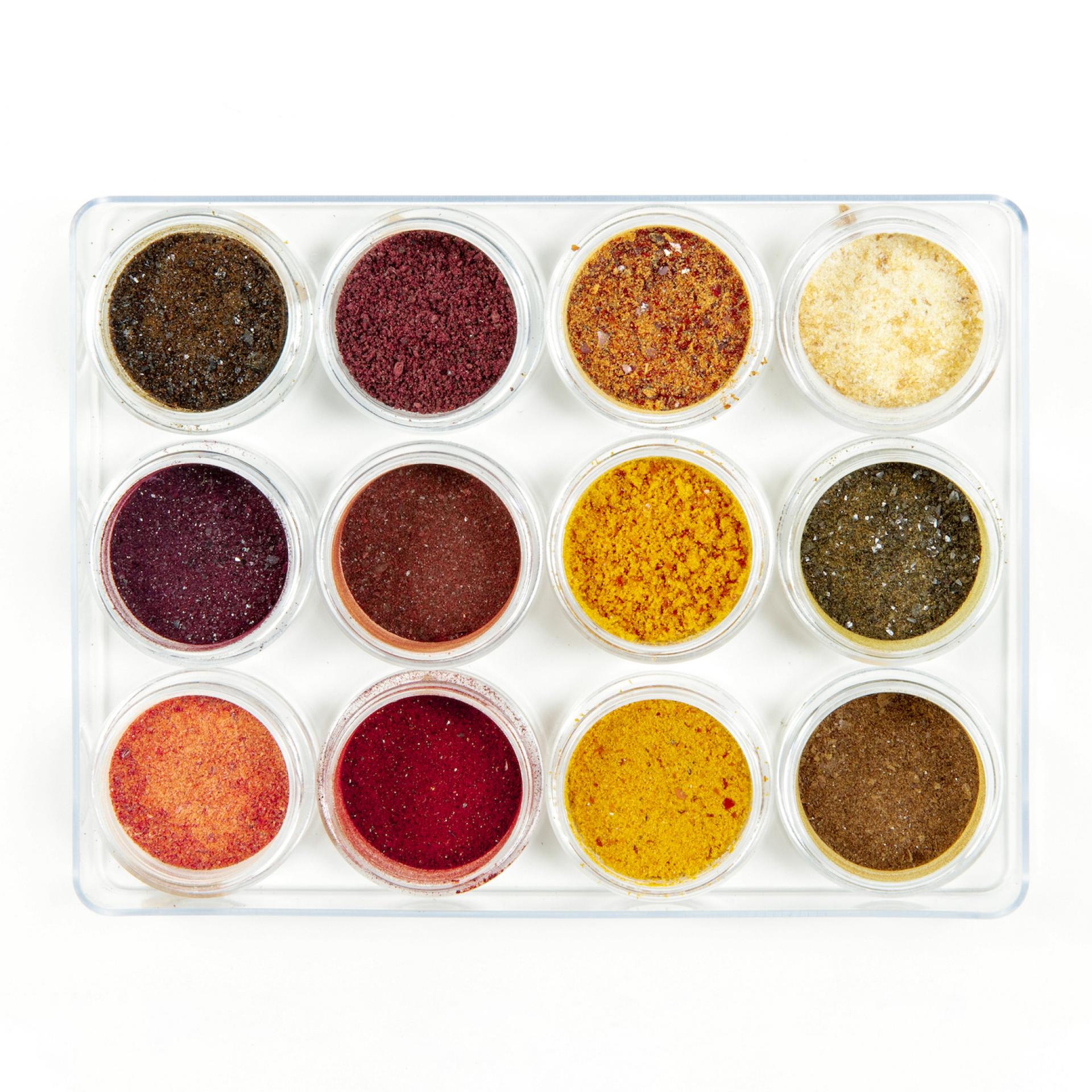 Twelve small containers filled with colorful powders, showcasing natural pigments utilized in sustainable biomaterial design.