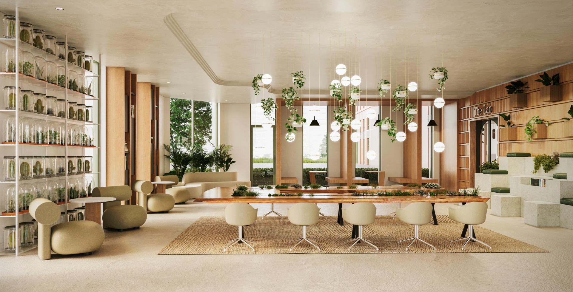 Modern interior design featuring greenery, a large communal table, and vibrant decor at Scene Interiors' creative space.