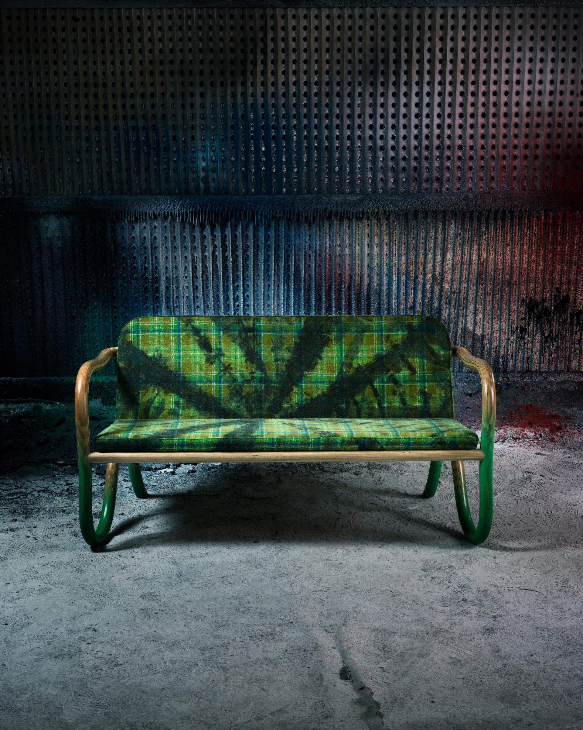 Bespoke green plaid Kolho bench designed by Matthew Day Jackson, showcasing Finnish design and artistic collaboration.