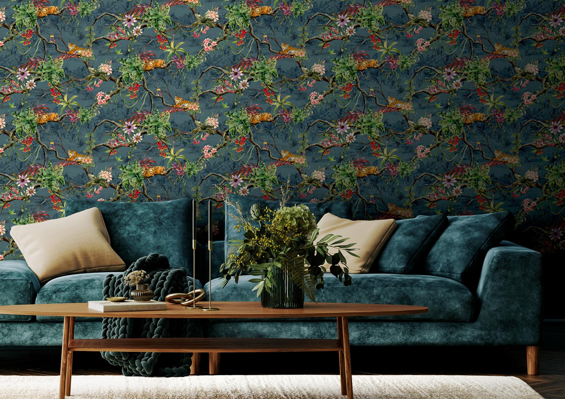 Vivid nature-inspired wallcovering featuring colorful floral and tiger designs complementing a stylish living room setting.