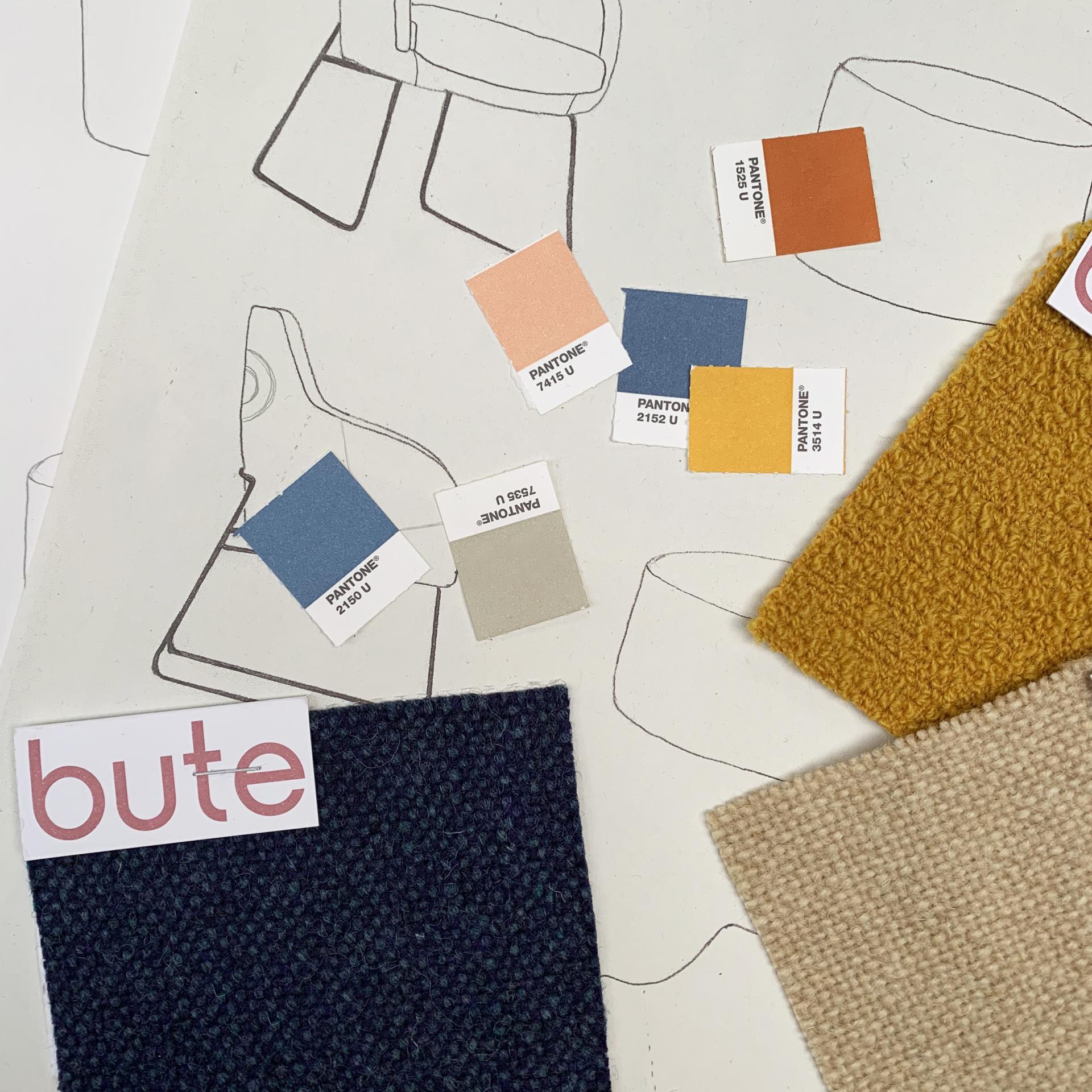 Colorful fabric swatches and Pantone color samples on a design sketch background, reflecting Kirsty Thomas's Modernist design aesthetic.