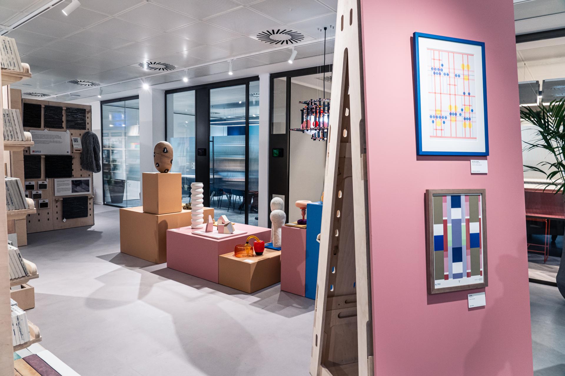 Showcase of contemporary Scottish design featuring colorful sculptures and art pieces in Material Source Studio Glasgow.