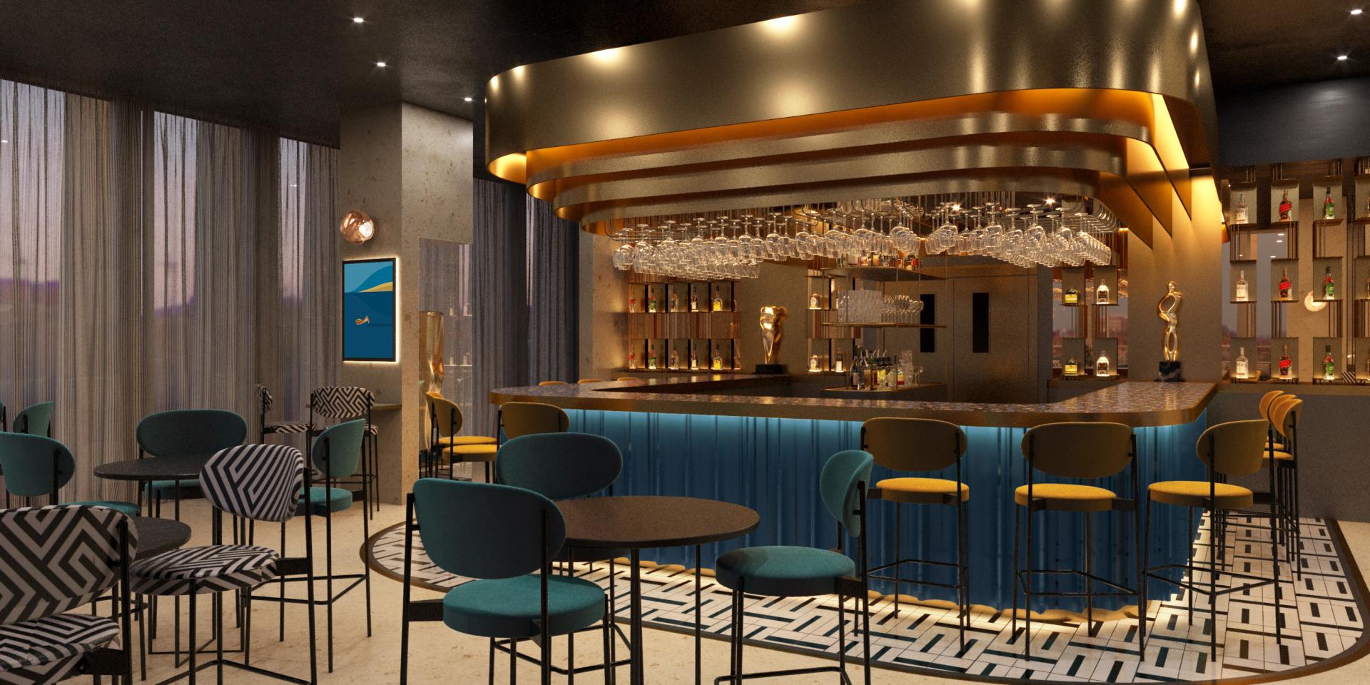 Stylish hotel bar interior of Tribe hotel in Malta, featuring modern seating and a vibrant color scheme.