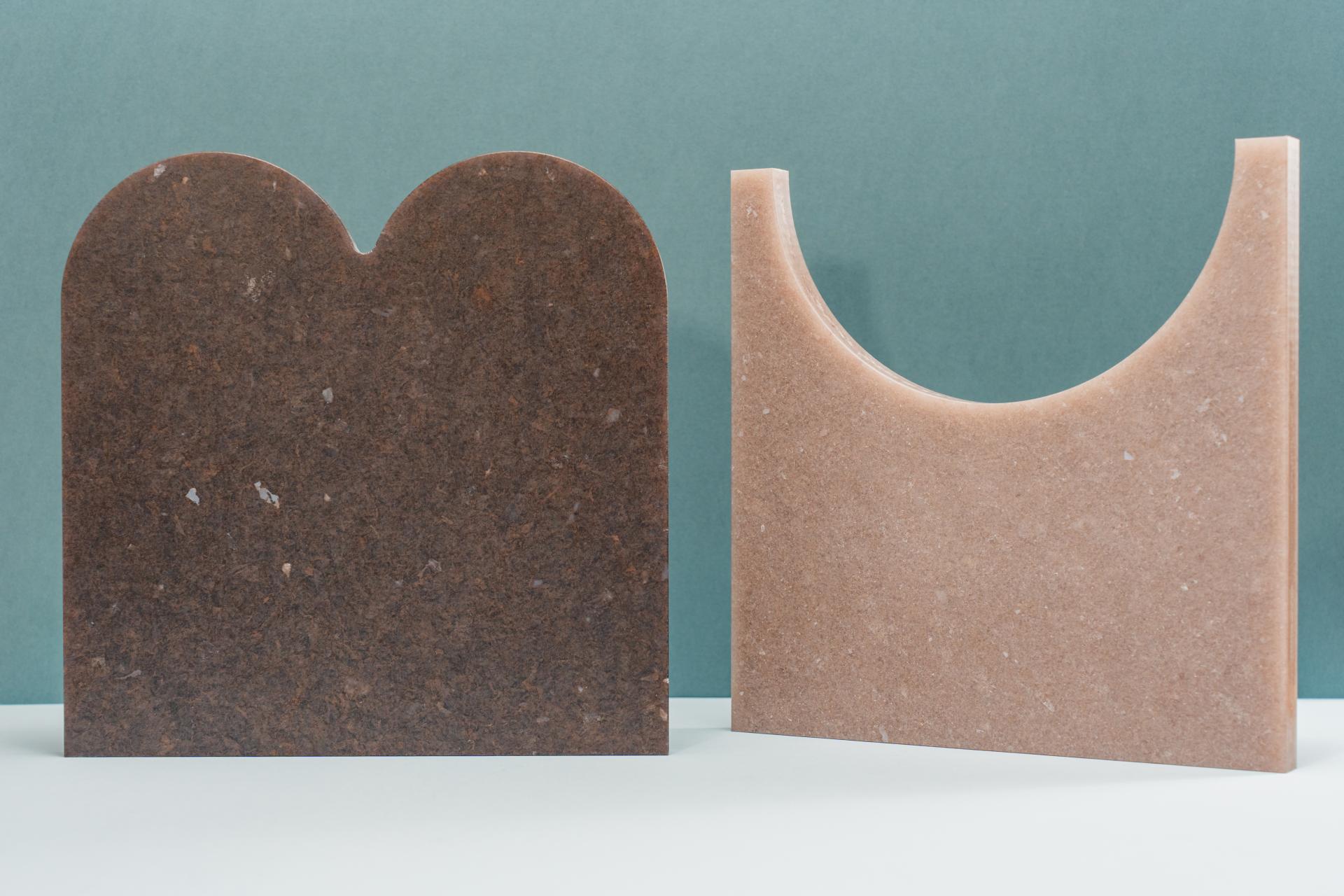 Earth Collection by Smile Plastics featuring two sculptural panels in earthy tones inspired by the Welsh landscape.