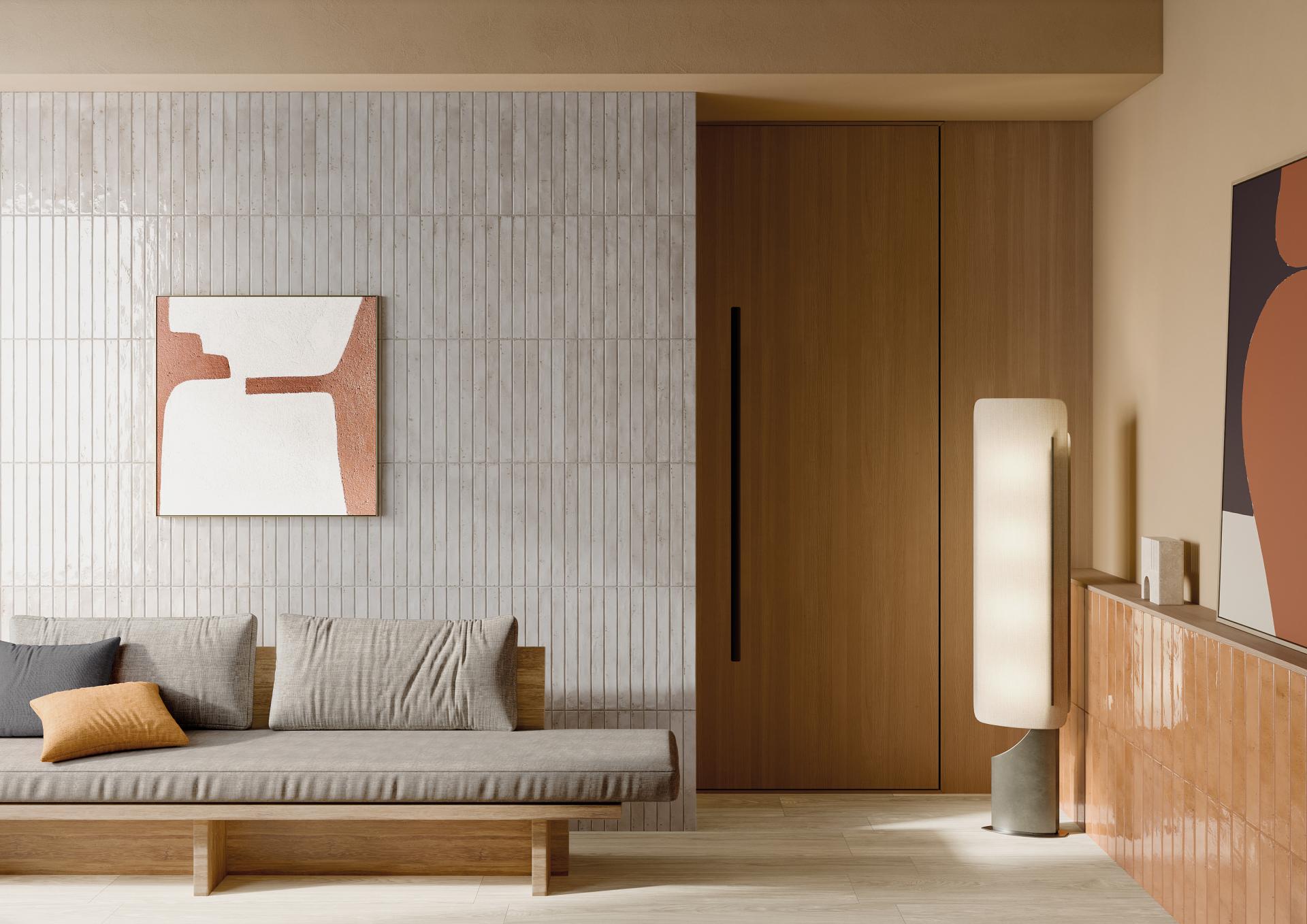 Contemporary living space featuring Grestec's Mastreta elongated tiles, wooden furniture, and modern artwork for a stylish ambiance.